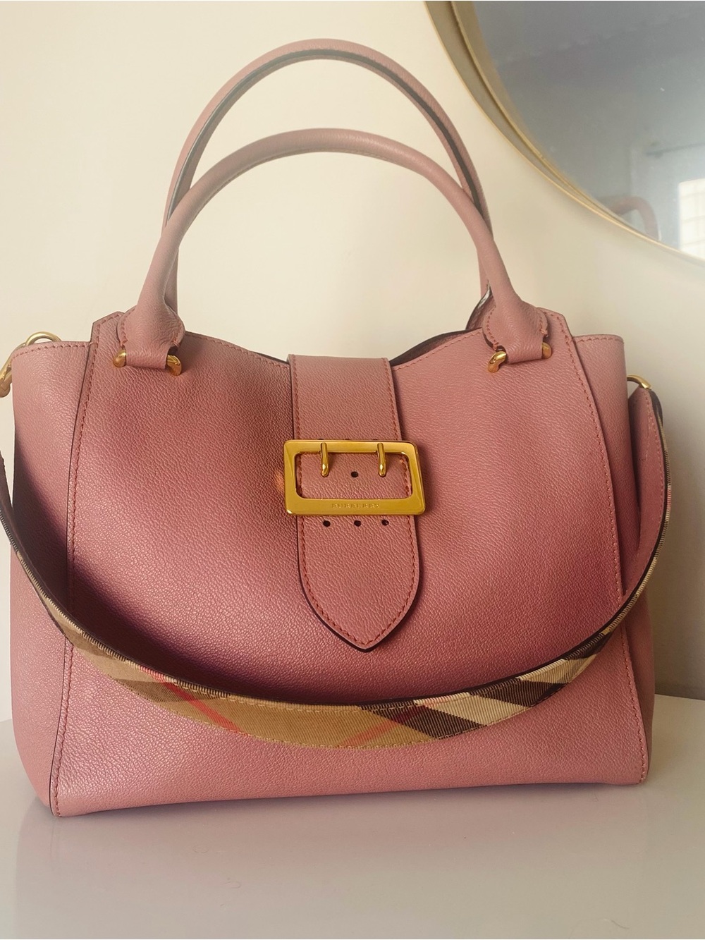 Burberry Pink Leather Shoulder Bag with Gold Buckle